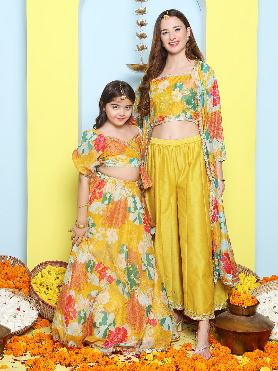 Yellow Multi Floral Printed Jacket with Cami - Sharara For Women & Lehenga Choli Set For Girl.