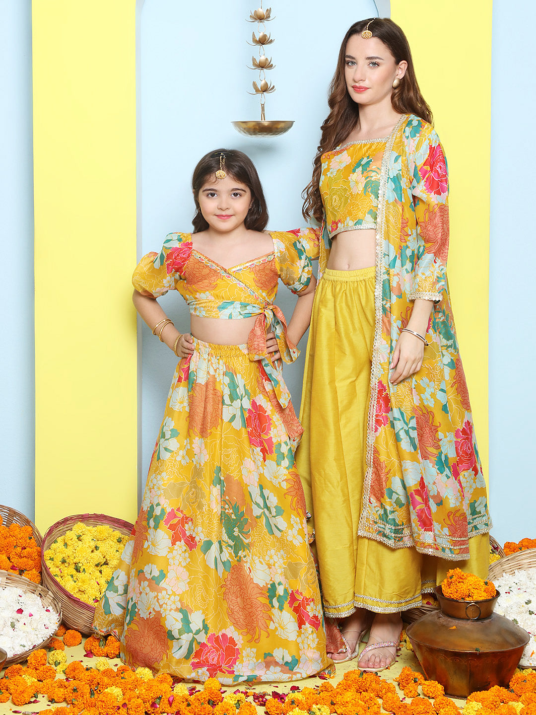 Yellow Multi Floral Printed Jacket with Cami - Sharara For Women & Lehenga Choli Set For Girl.