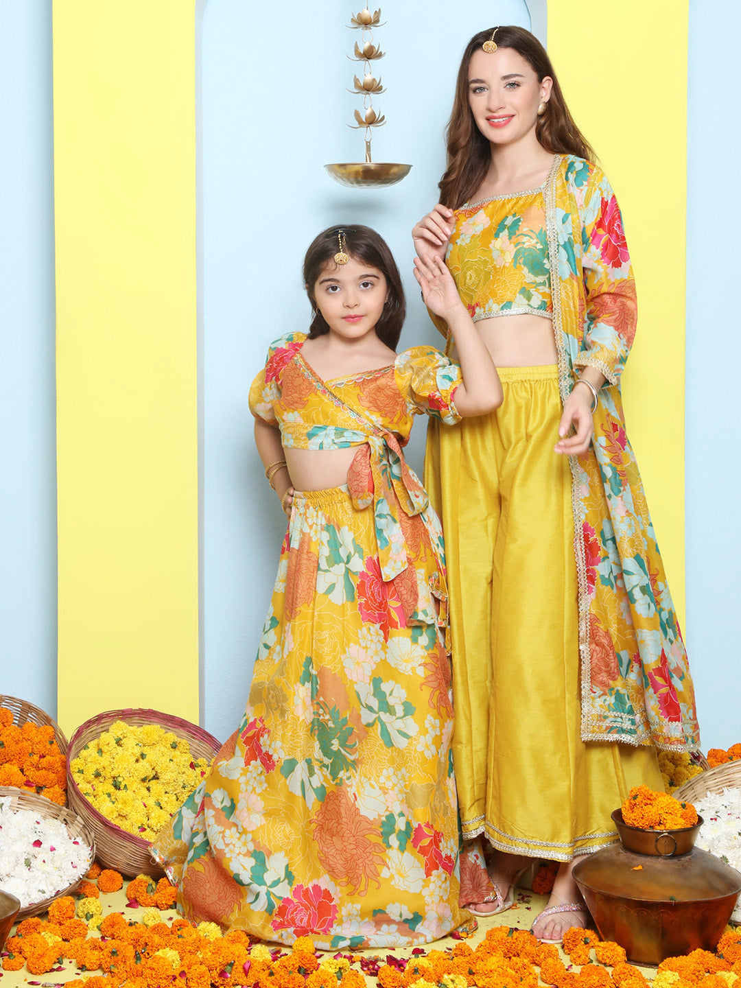 Yellow Multi Floral Printed Jacket with Cami - Sharara For Women & Lehenga Choli Set For Girl.