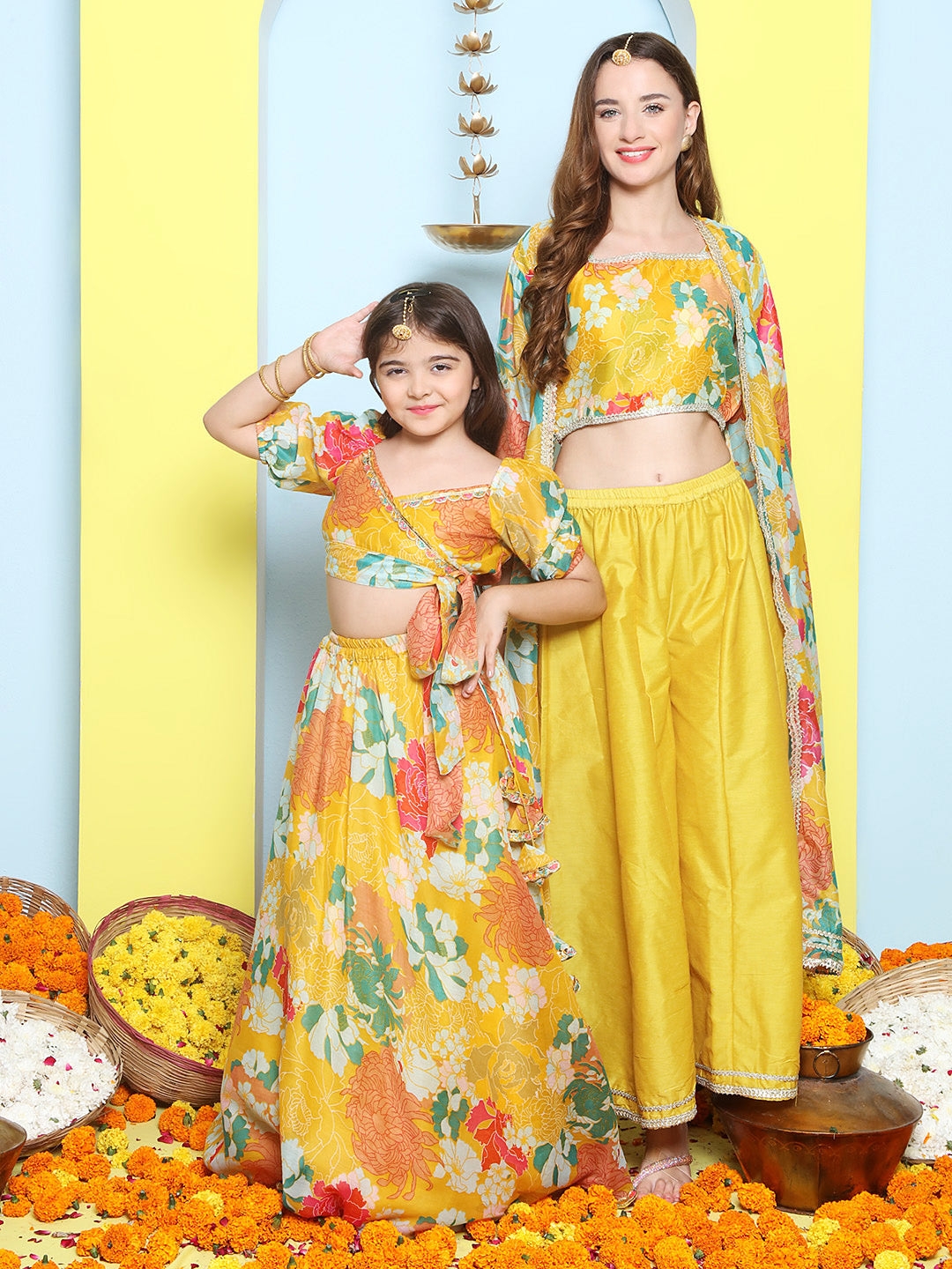 Yellow Multi Floral Printed Jacket with Cami - Sharara For Women & Lehenga Choli Set For Girl.