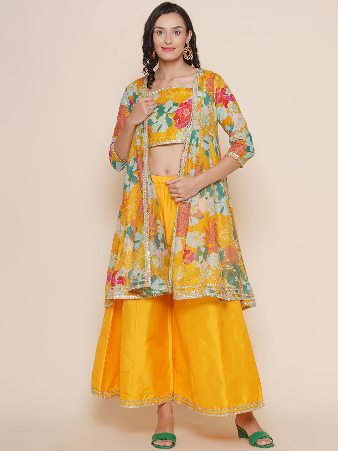 Yellow Multi Floral Printed Jacket with Cami - Sharara For Women & Lehenga Choli Set For Girl.