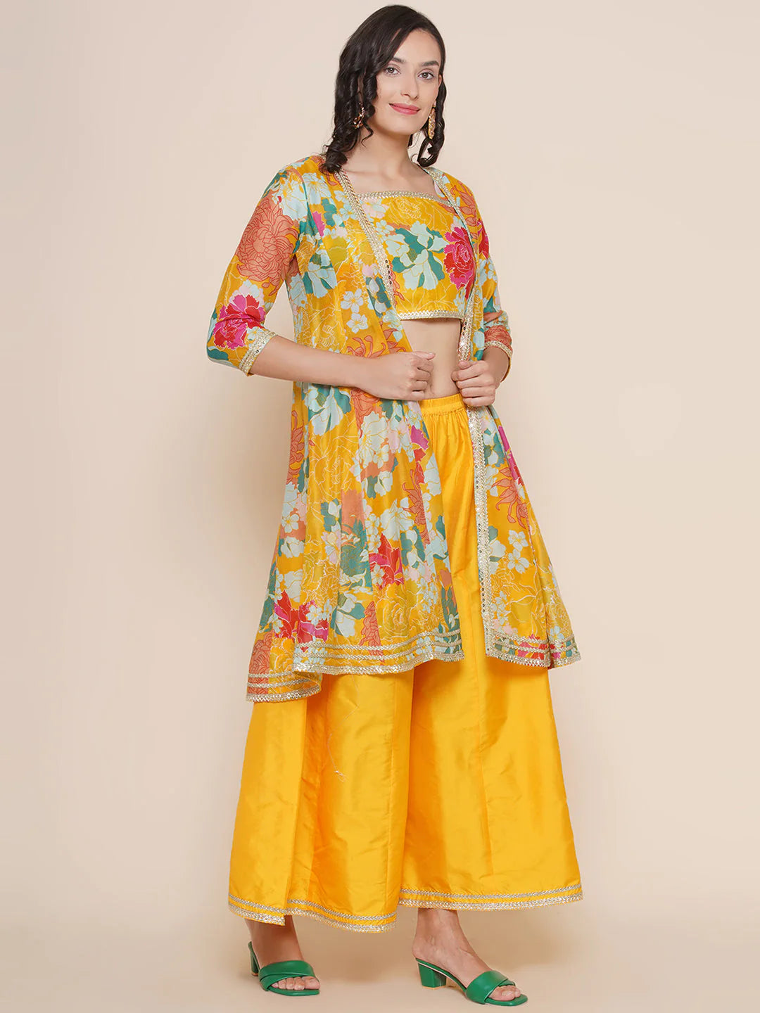 Yellow Multi Floral Printed Jacket with Cami - Sharara For Women & Lehenga Choli Set For Girl.