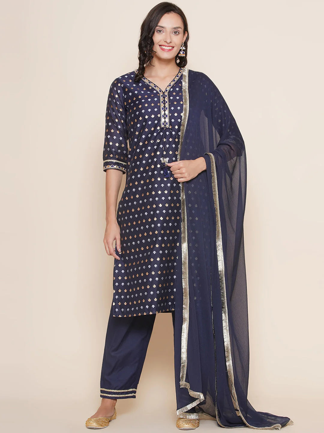 Navy Modal Jacquard Booti A-Line Kurta Set For Women & Lehenga Choli Set for Girl