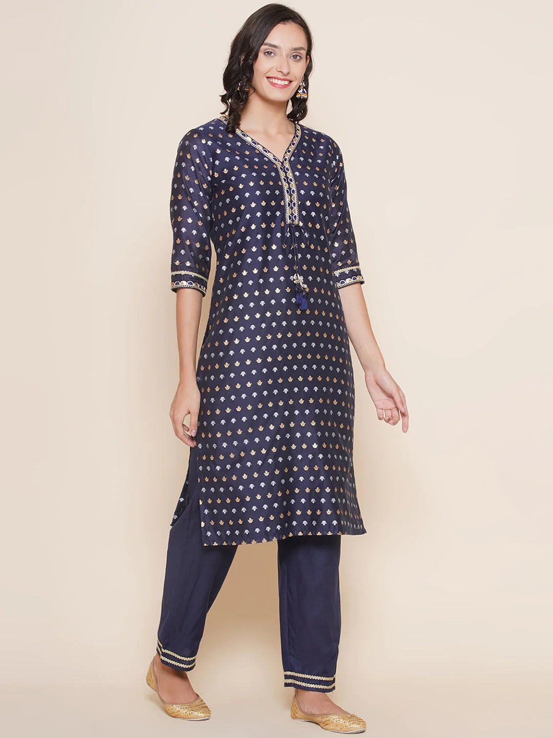 Navy Modal Jacquard Booti A-Line Kurta Set For Women & Lehenga Choli Set for Girl