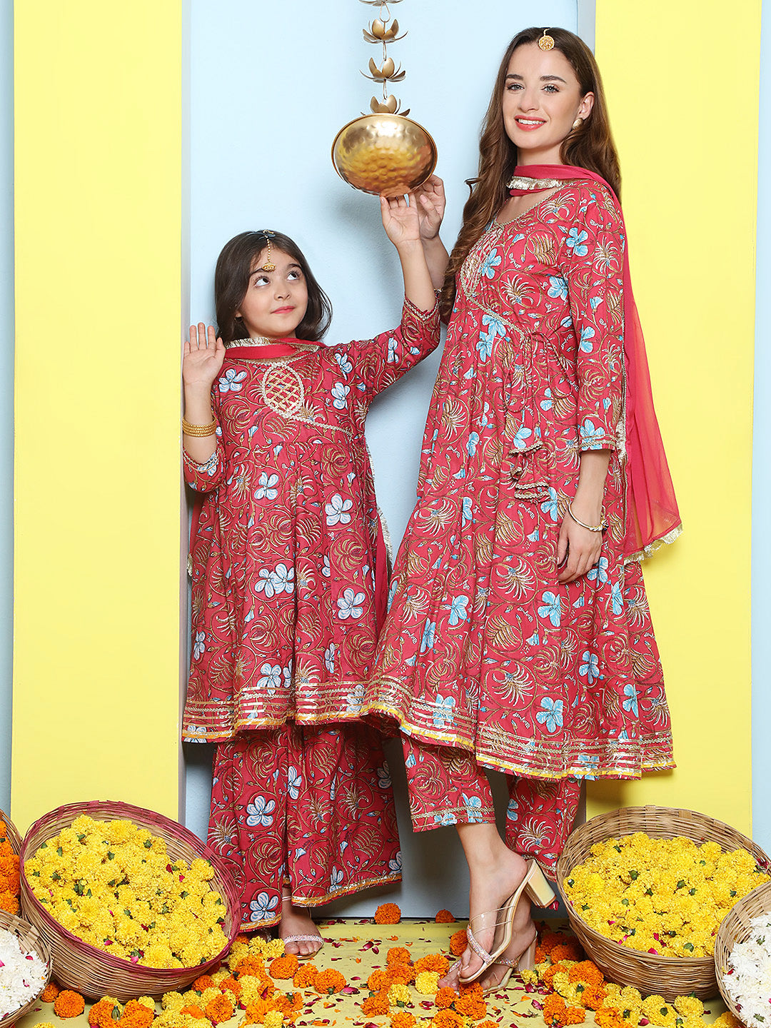 Pink Cotton Printed Anarkali set For Women & Anarkali Sharara Kurta Set For Girl.
