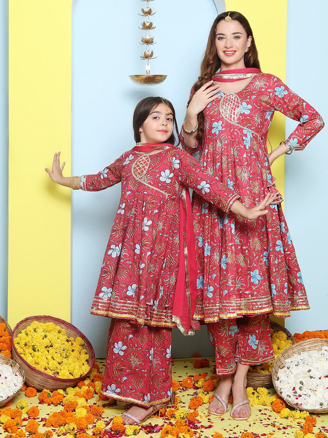Pink Cotton Printed Anarkali set For Women & Anarkali Sharara Kurta Set For Girl.