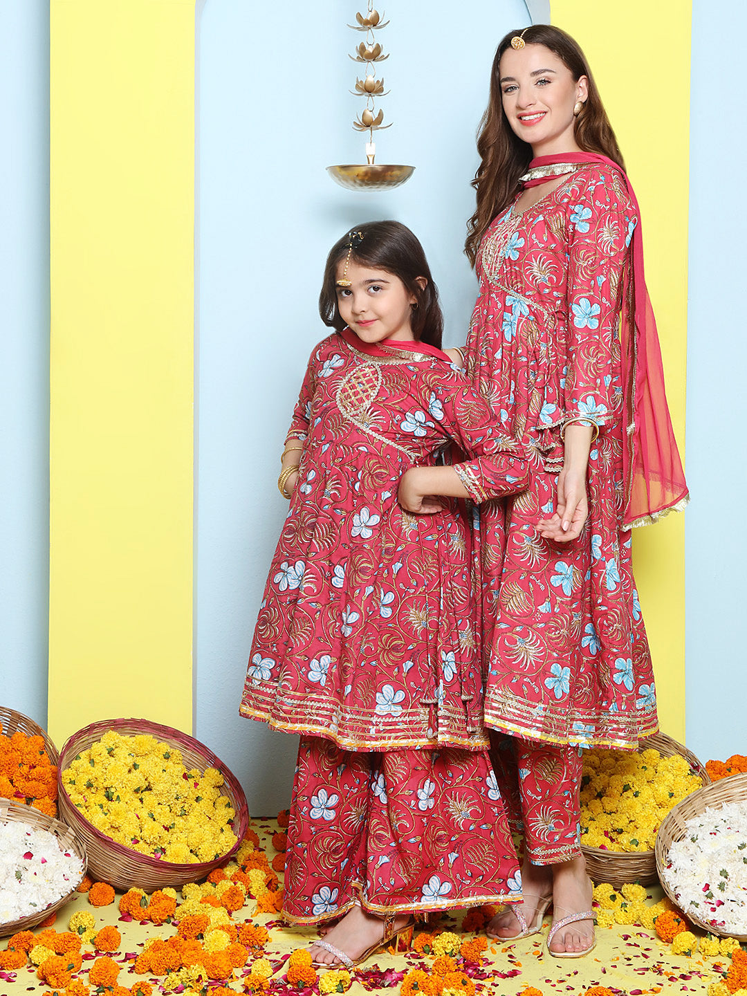 Pink Cotton Printed Anarkali set For Women & Anarkali Sharara Kurta Set For Girl.
