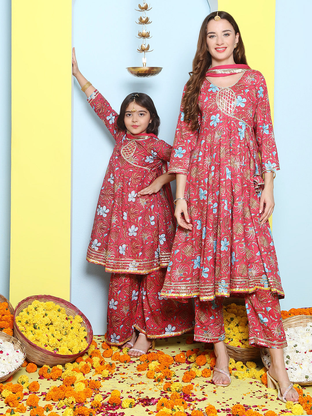 Pink Cotton Printed Anarkali set For Women & Anarkali Sharara Kurta Set For Girl.