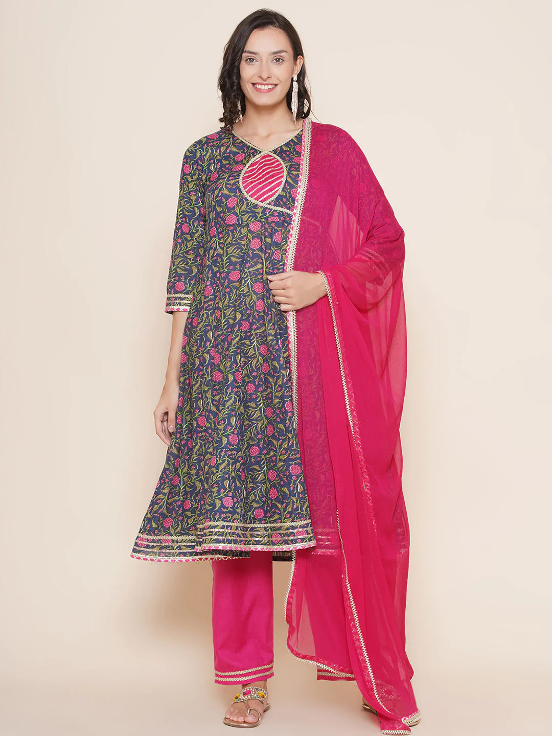 Navy Pink Cotton Printed Anarkali set For Women & Anarkali Sharara Kurta Set For Girl.