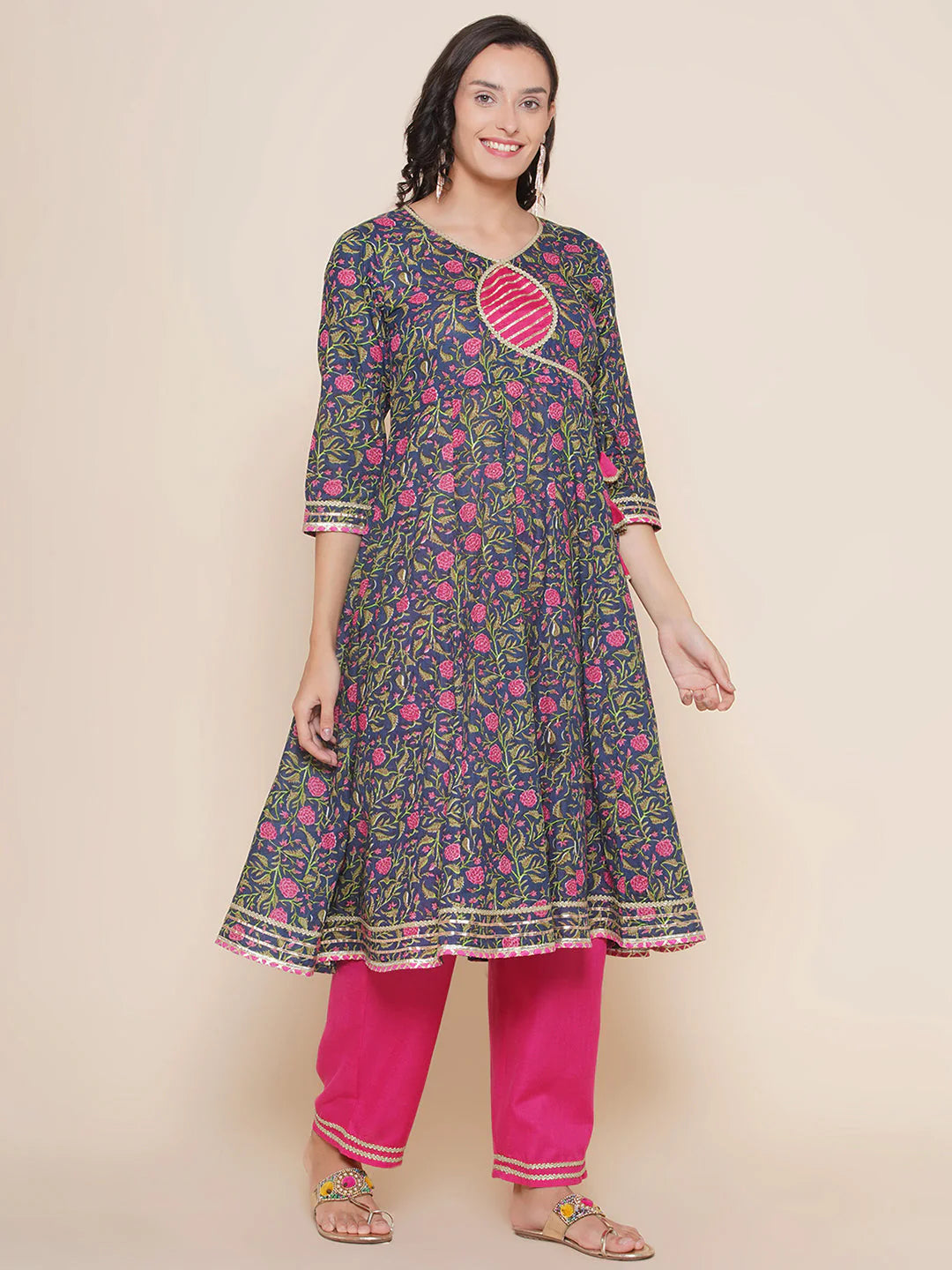 Navy Pink Cotton Printed Anarkali set For Women & Anarkali Sharara Kurta Set For Girl.