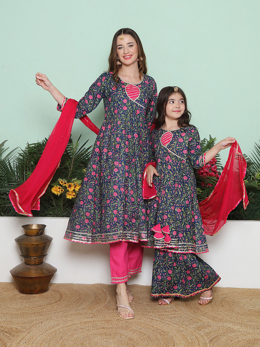 Navy Pink Cotton Printed Anarkali set For Women & Anarkali Sharara Kurta Set For Girl.