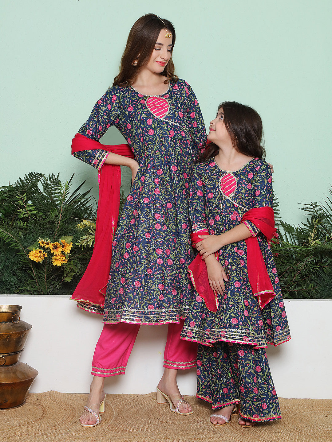 Navy Pink Cotton Printed Anarkali set For Women & Anarkali Sharara Kurta Set For Girl.