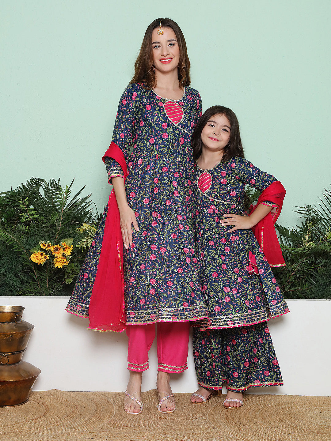 Navy Pink Cotton Printed Anarkali set For Women & Anarkali Sharara Kurta Set For Girl.