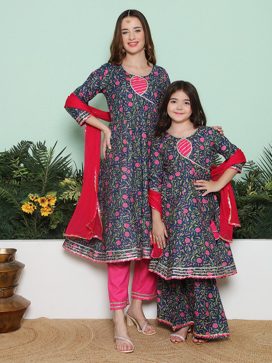 Navy Pink Cotton Printed Anarkali set For Women & Anarkali Sharara Kurta Set For Girl.