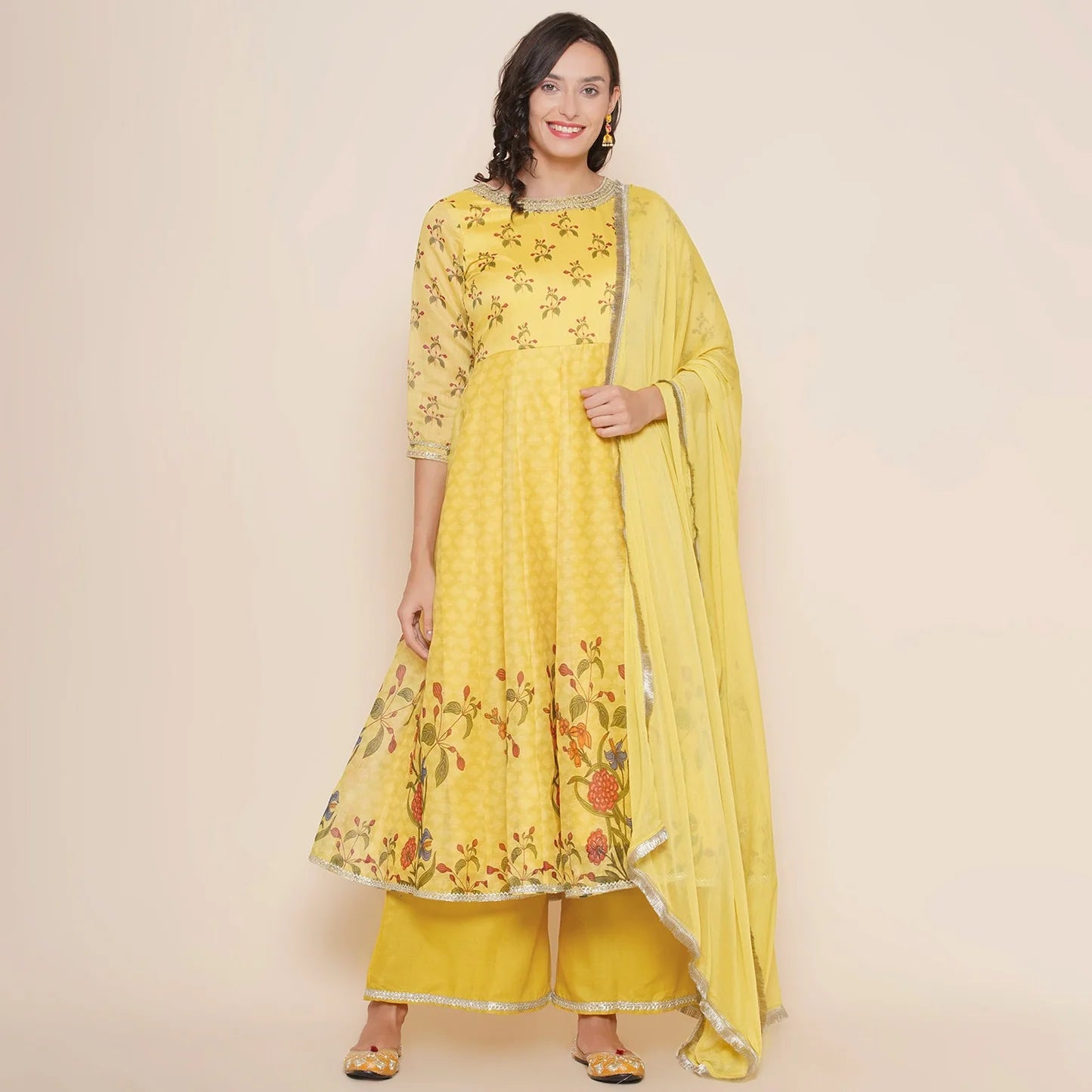 Yellow Digital Printed Anarkali Kurta Set For Women & Lehenga Choli Set For Girl.