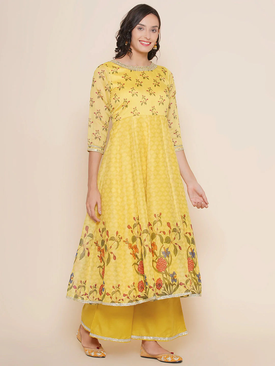 Yellow Digital Printed Anarkali Kurta Set For Women & Lehenga Choli Set For Girl.