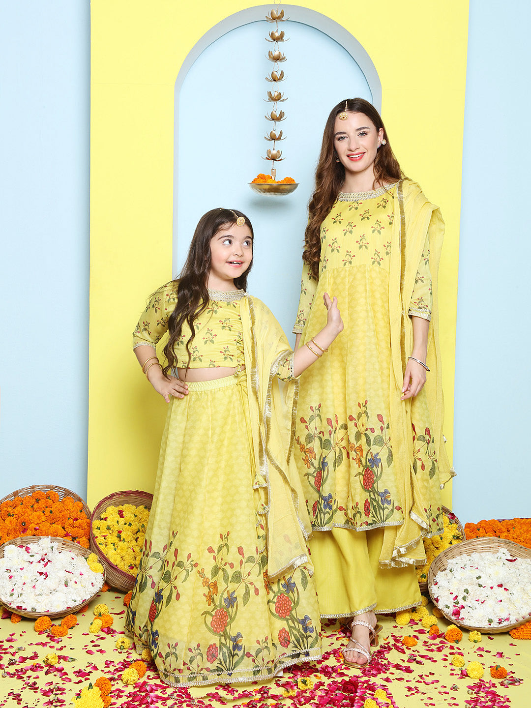 Yellow Digital Printed Anarkali Kurta Set For Women & Lehenga Choli Set For Girl.
