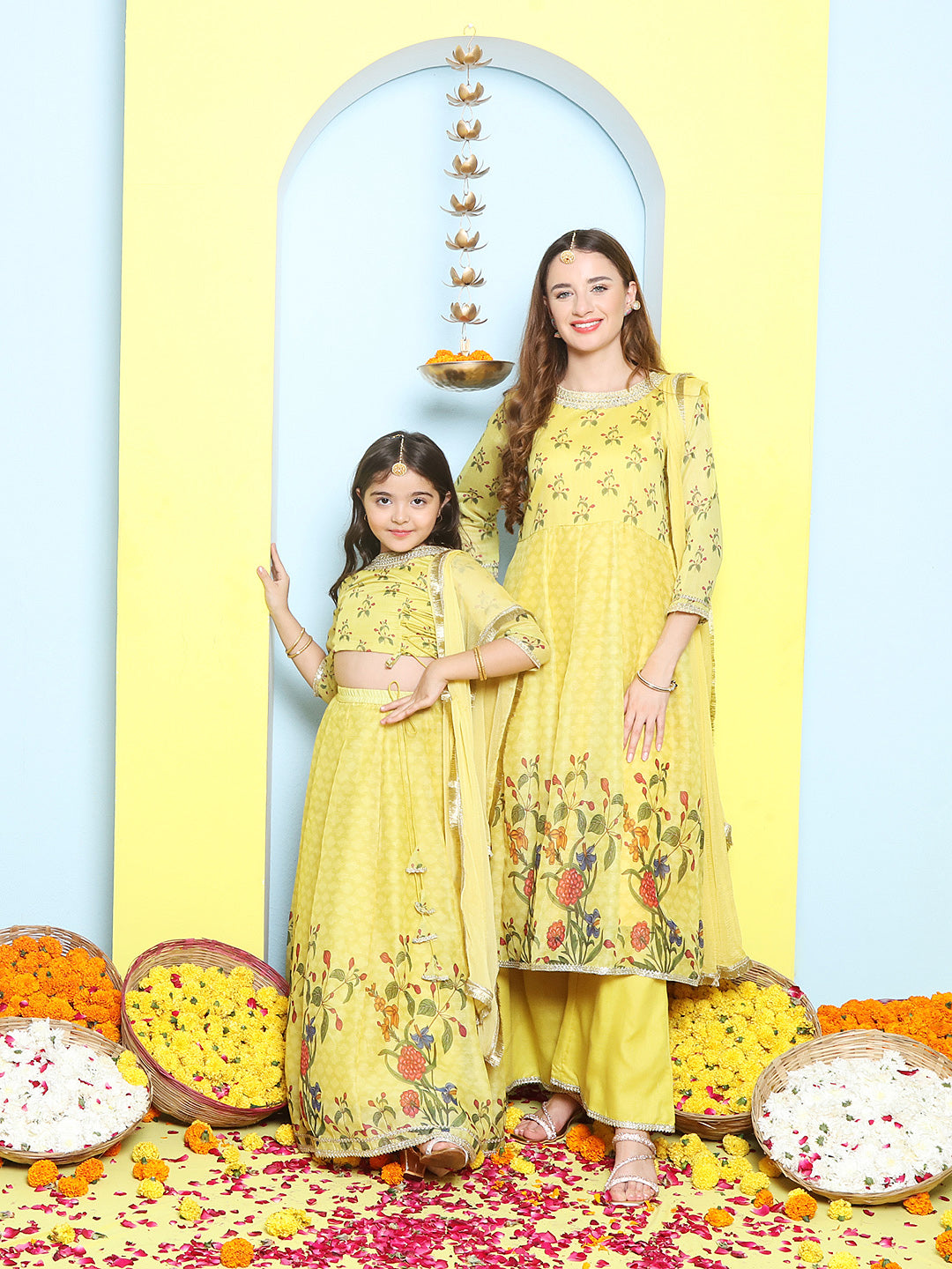 Yellow Digital Printed Anarkali Kurta Set For Women & Lehenga Choli Set For Girl.