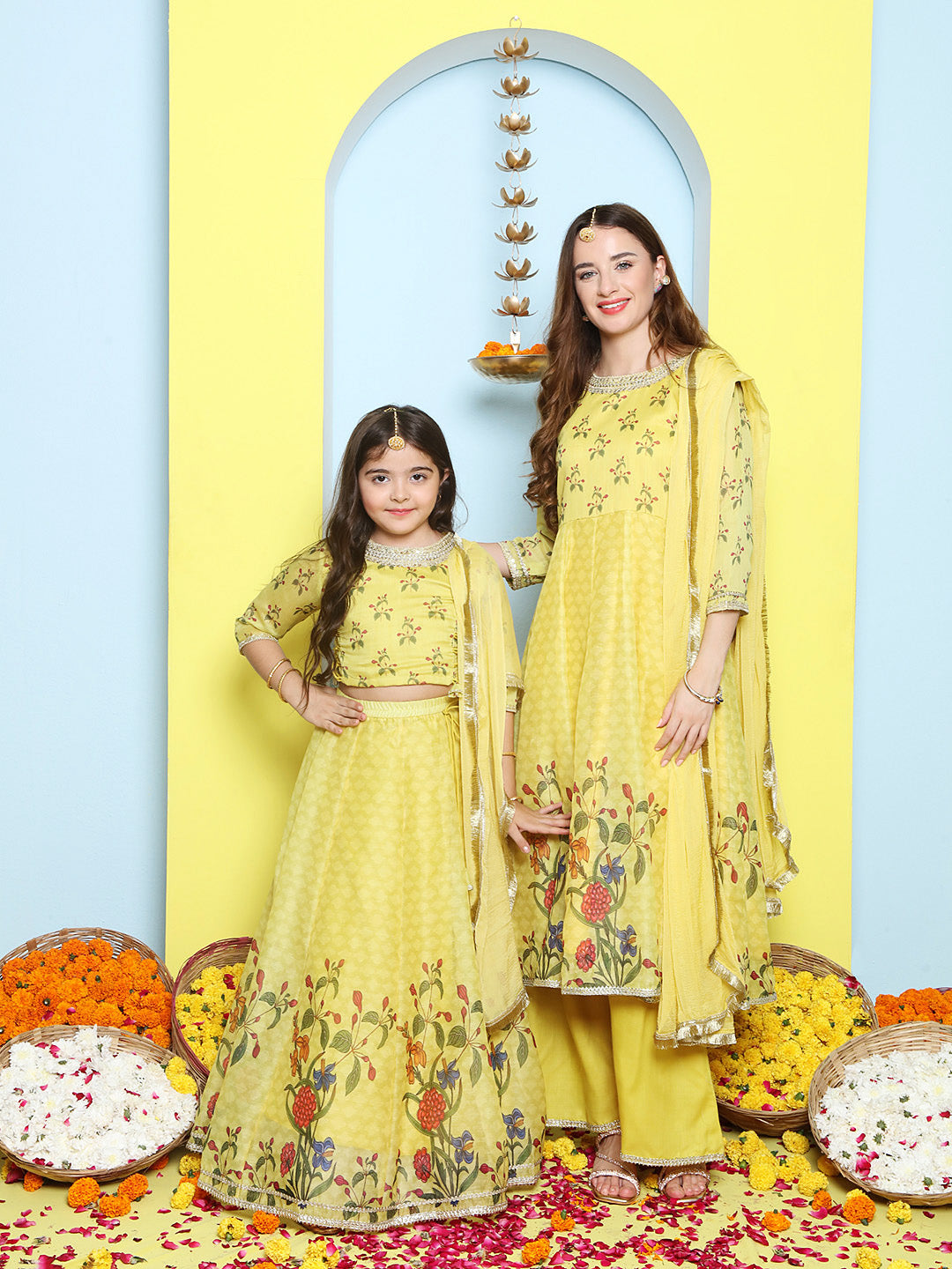 Yellow Digital Printed Anarkali Kurta Set For Women & Lehenga Choli Set For Girl.