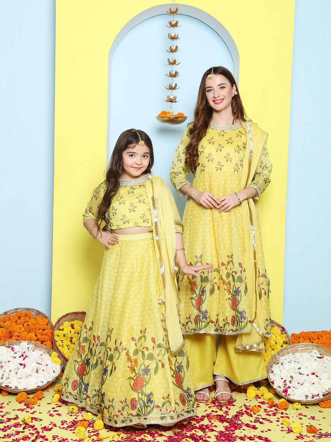 Yellow Digital Printed Anarkali Kurta Set For Women & Lehenga Choli Set For Girl.