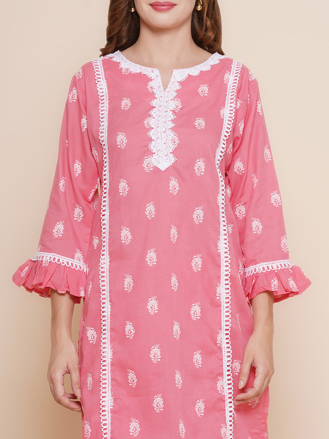 Women Pink Ethnic Motifs Printed Lace work Kurta with Palazzos