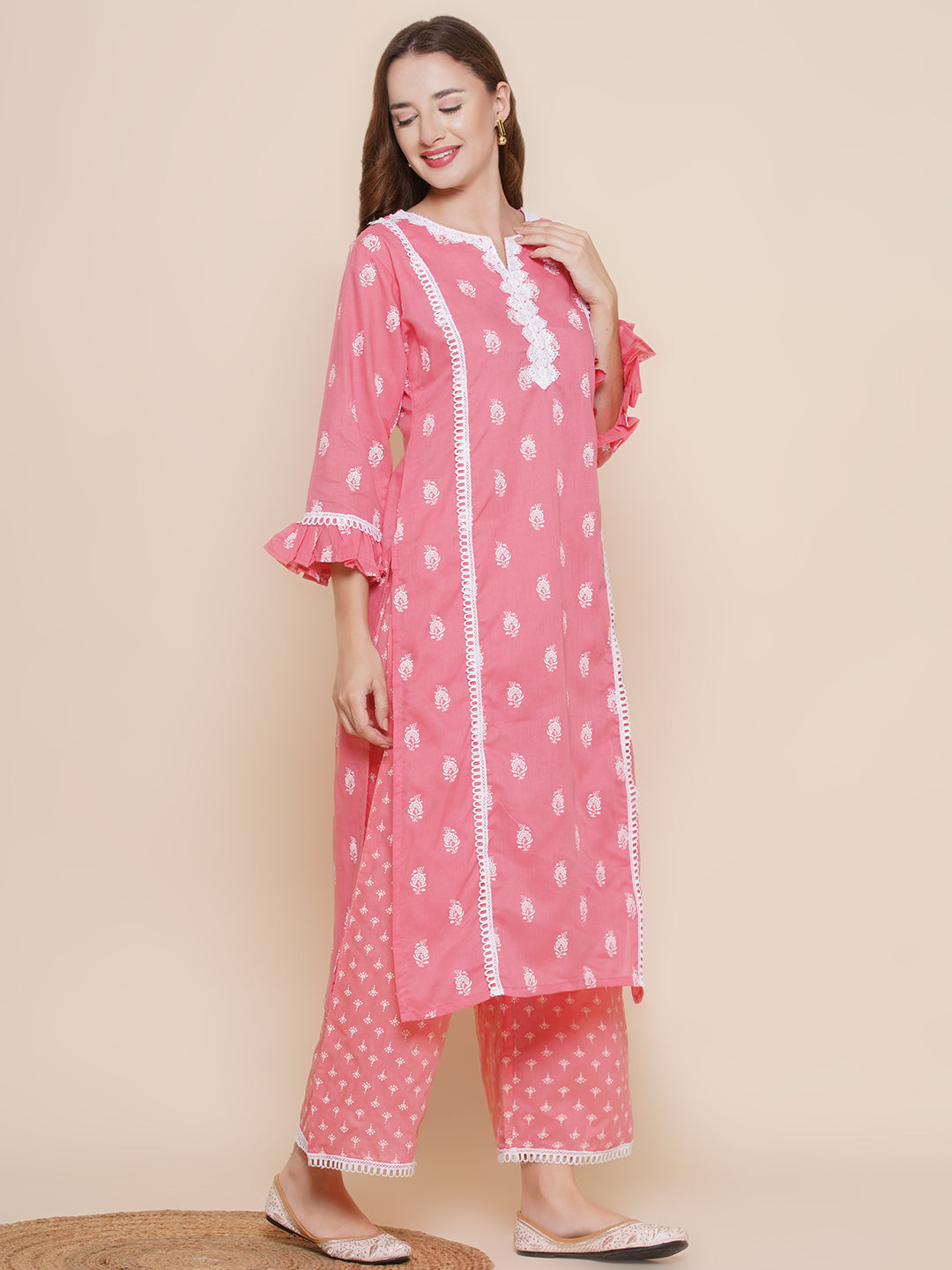 Women Pink Ethnic Motifs Printed Lace work Kurta with Palazzos