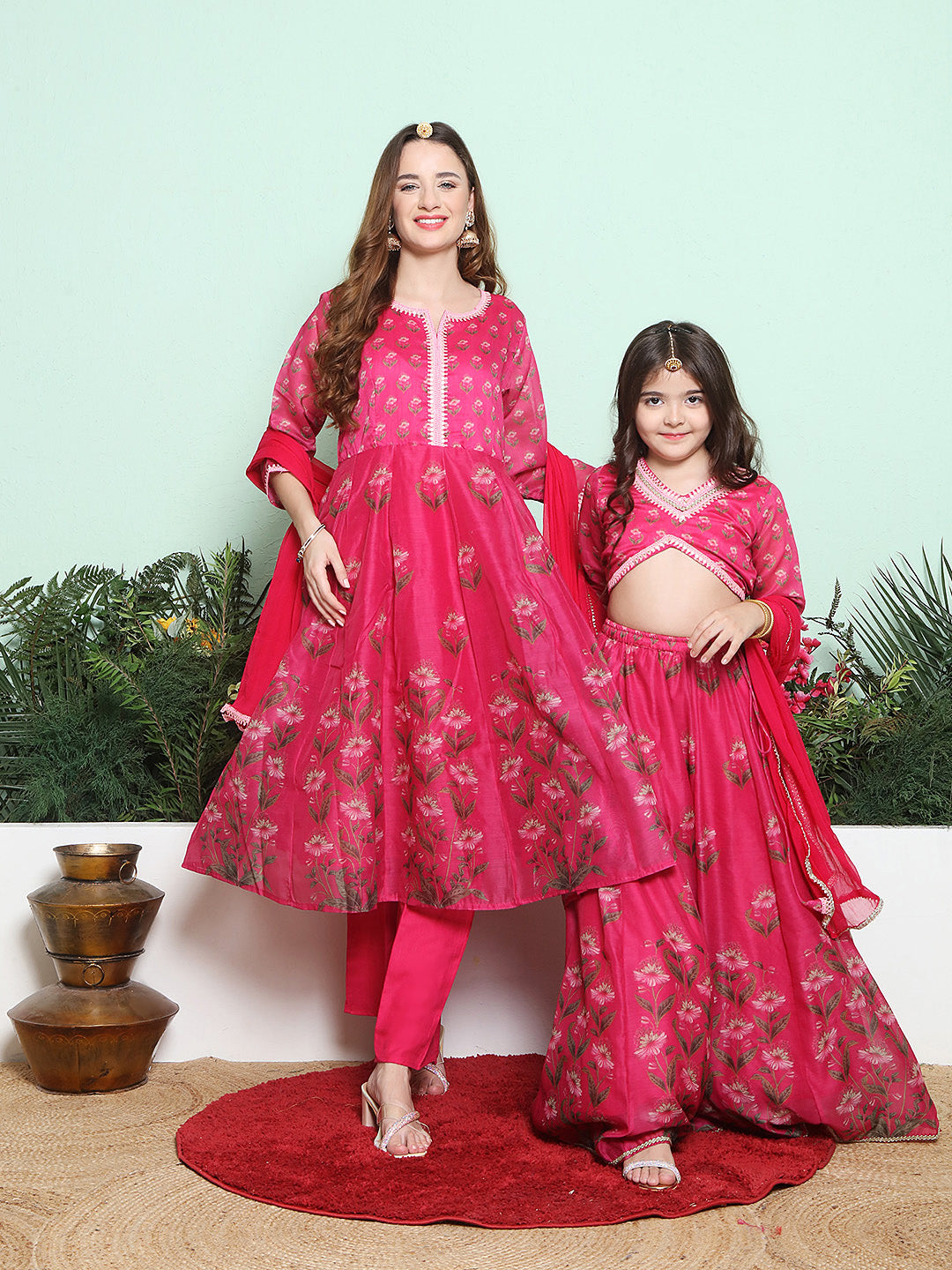 Pink Digital Printed Anarkali Kurta Set For Women & Lehenga Choli Set For Girl.