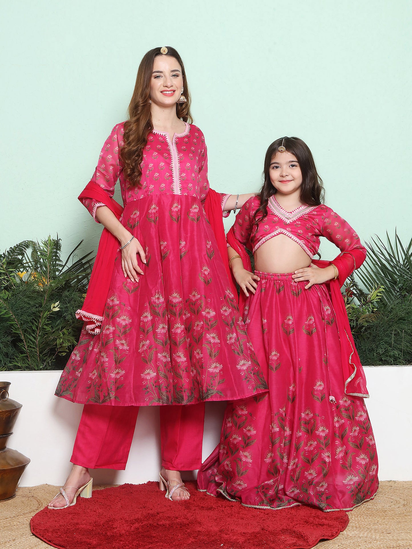 Pink Digital Printed Anarkali Kurta Set For Women & Lehenga Choli Set For Girl.