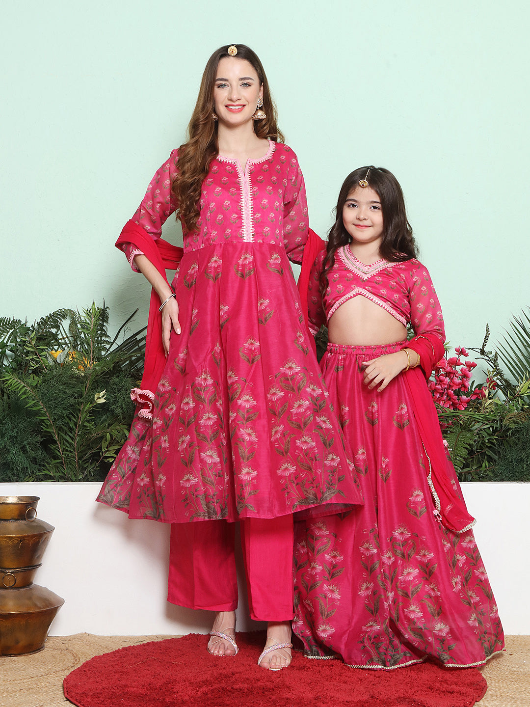 Pink Digital Printed Anarkali Kurta Set For Women & Lehenga Choli Set For Girl.