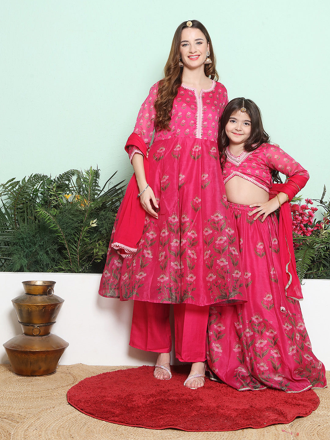Pink Digital Printed Anarkali Kurta Set For Women & Lehenga Choli Set For Girl.