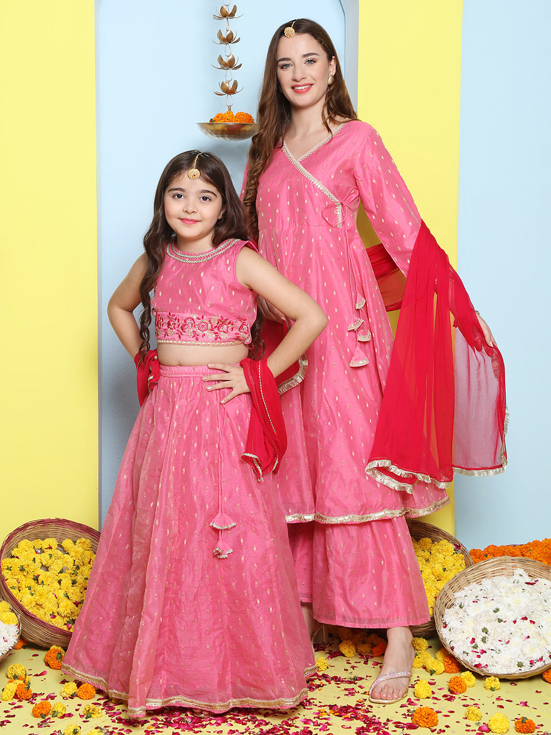 Pink Modal Booti Angrakha Kurta Sharara set For Women & Lehenga Choli Set For Girl.