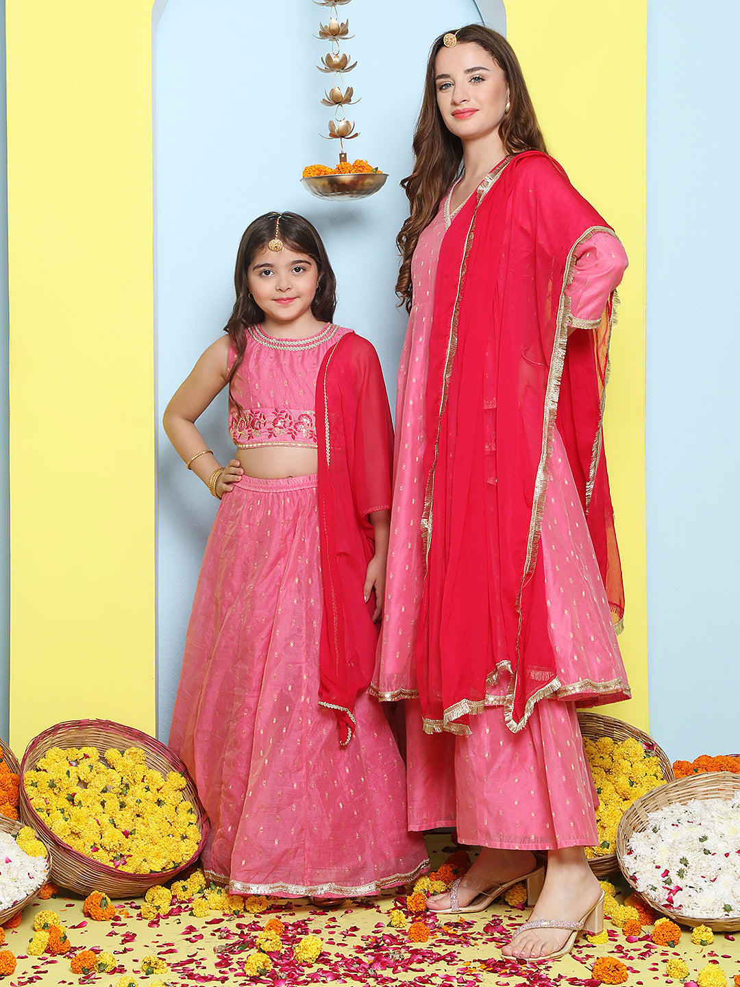 Pink Modal Booti Angrakha Kurta Sharara set For Women & Lehenga Choli Set For Girl.