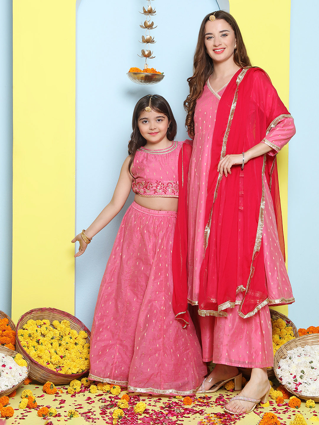 Pink Modal Booti Angrakha Kurta Sharara set For Women & Lehenga Choli Set For Girl.