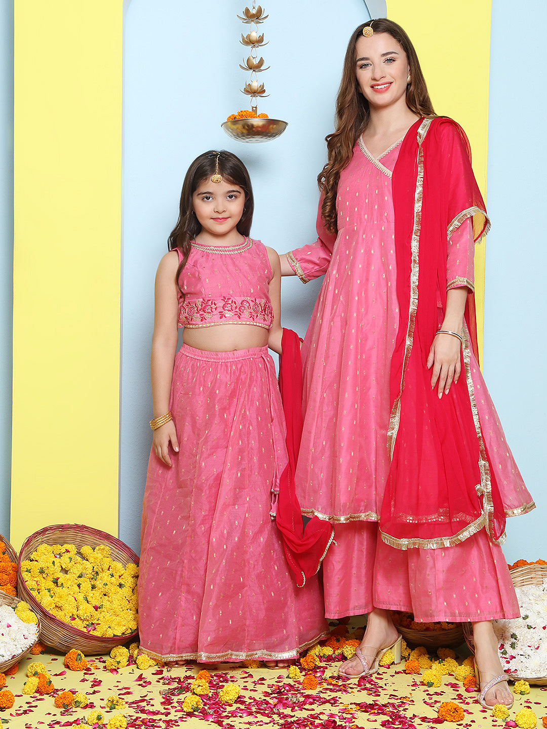 Pink Modal Booti Angrakha Kurta Sharara set For Women & Lehenga Choli Set For Girl.