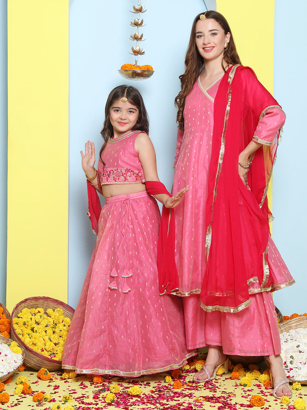 Pink Modal Booti Angrakha Kurta Sharara set For Women & Lehenga Choli Set For Girl.