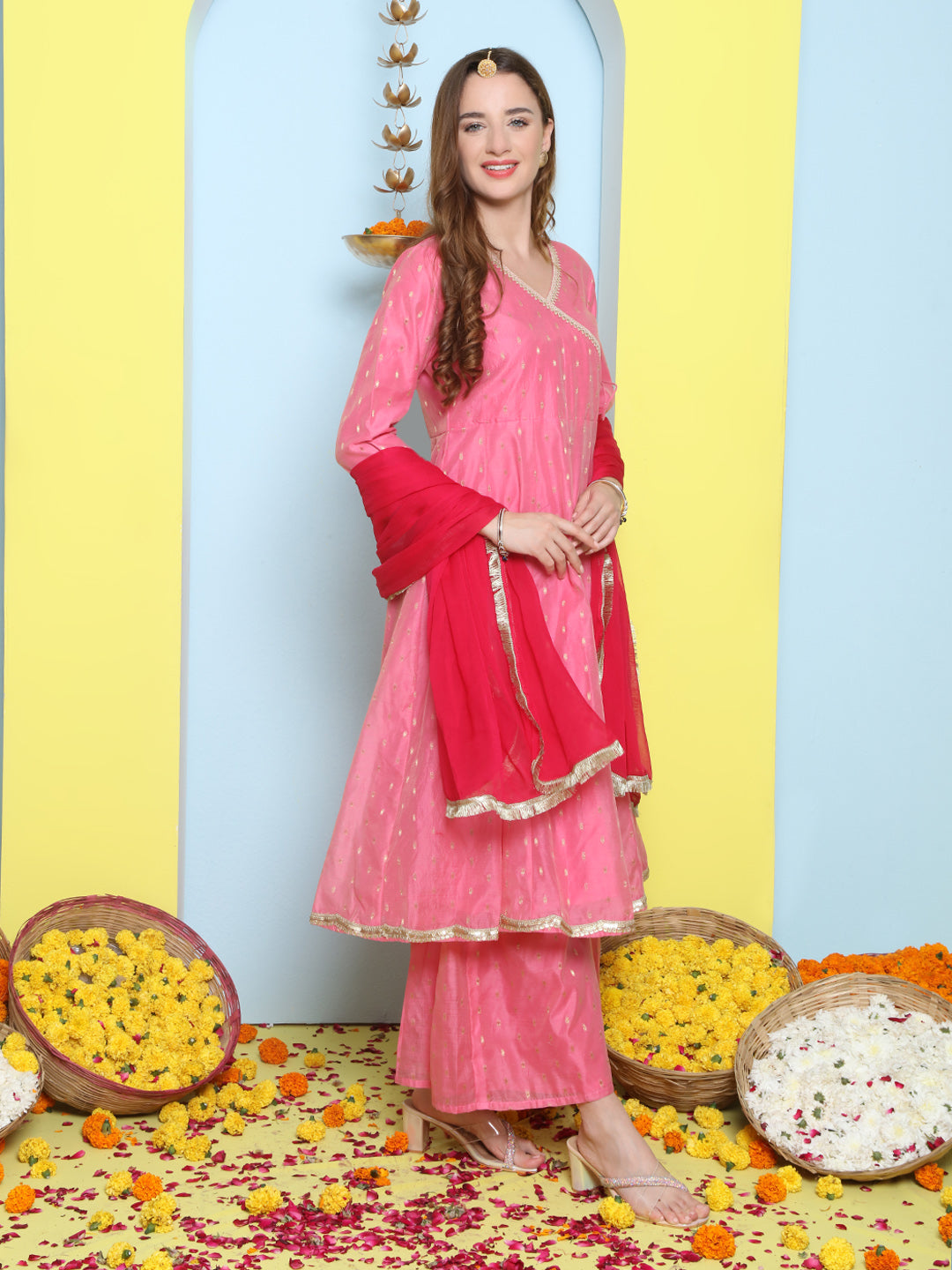 Pink Woven Booti Angrakha Kurta With Sharara & With Dupatta