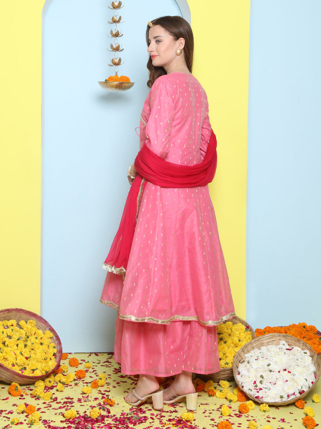 Pink Woven Booti Angrakha Kurta With Sharara & With Dupatta