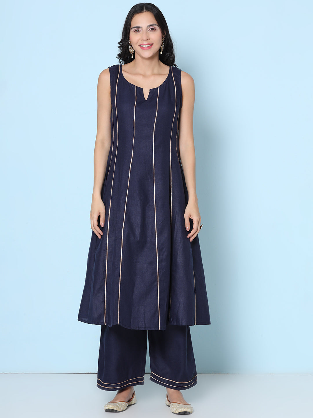 Navy Blue Floral Printed Jacket With Navy Blue Kurti With Palazzos Has Gotta lace Details on Bottom