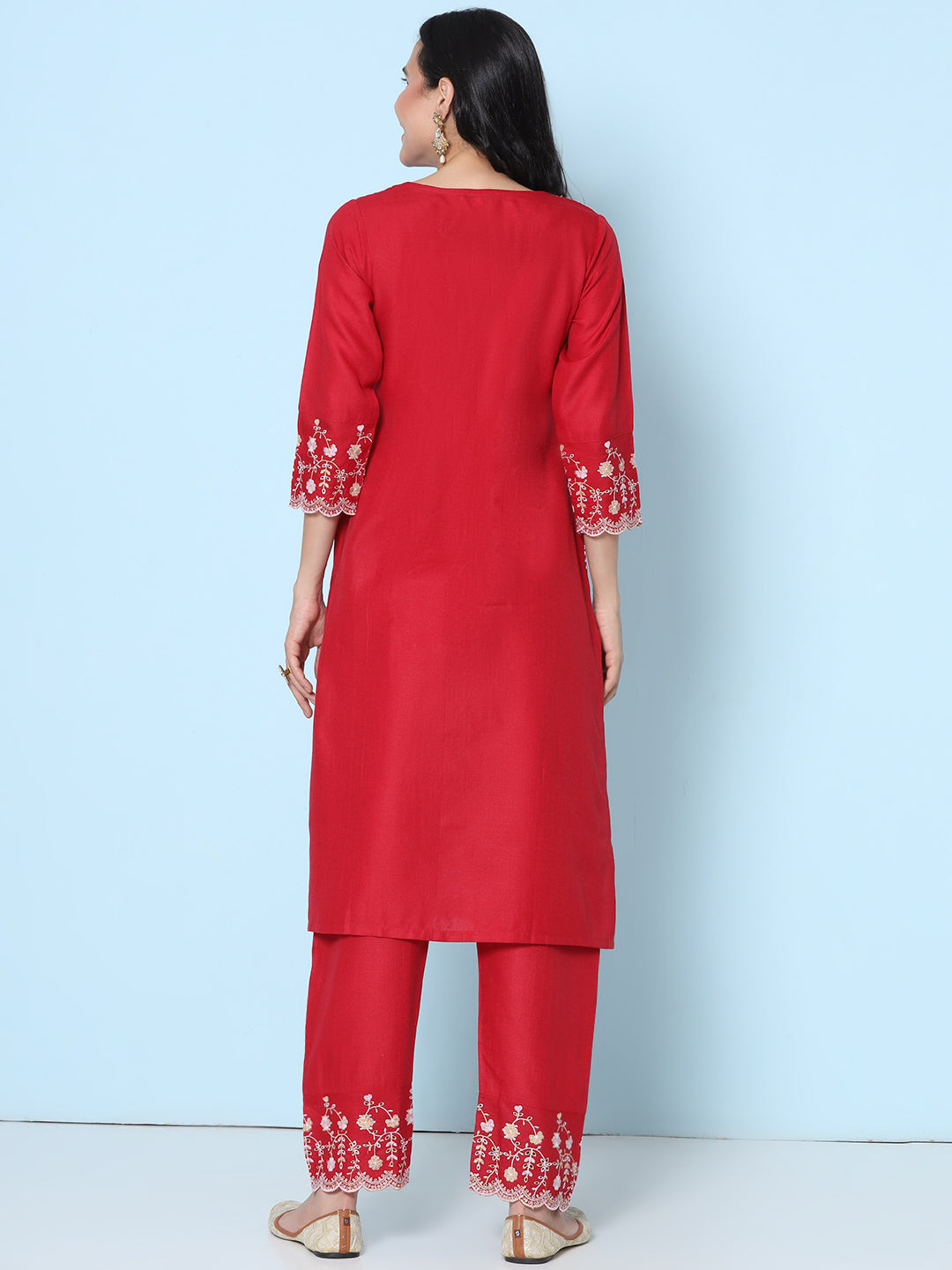 Maroon Schiffli Embroidered kurta With Embroidered Trousers
