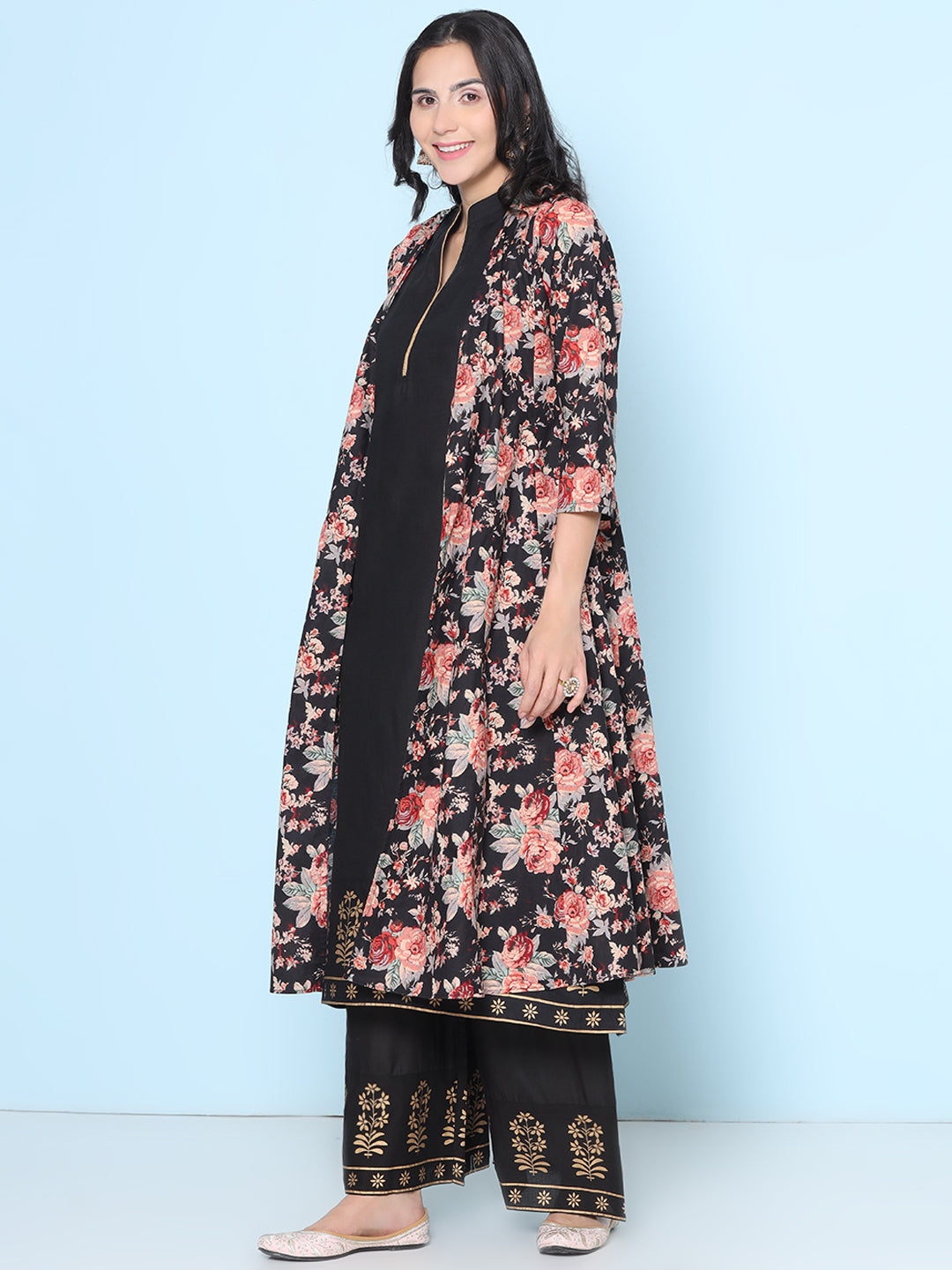 Black Floral Printeded Jacket With Black Kurta With Black Palazzos