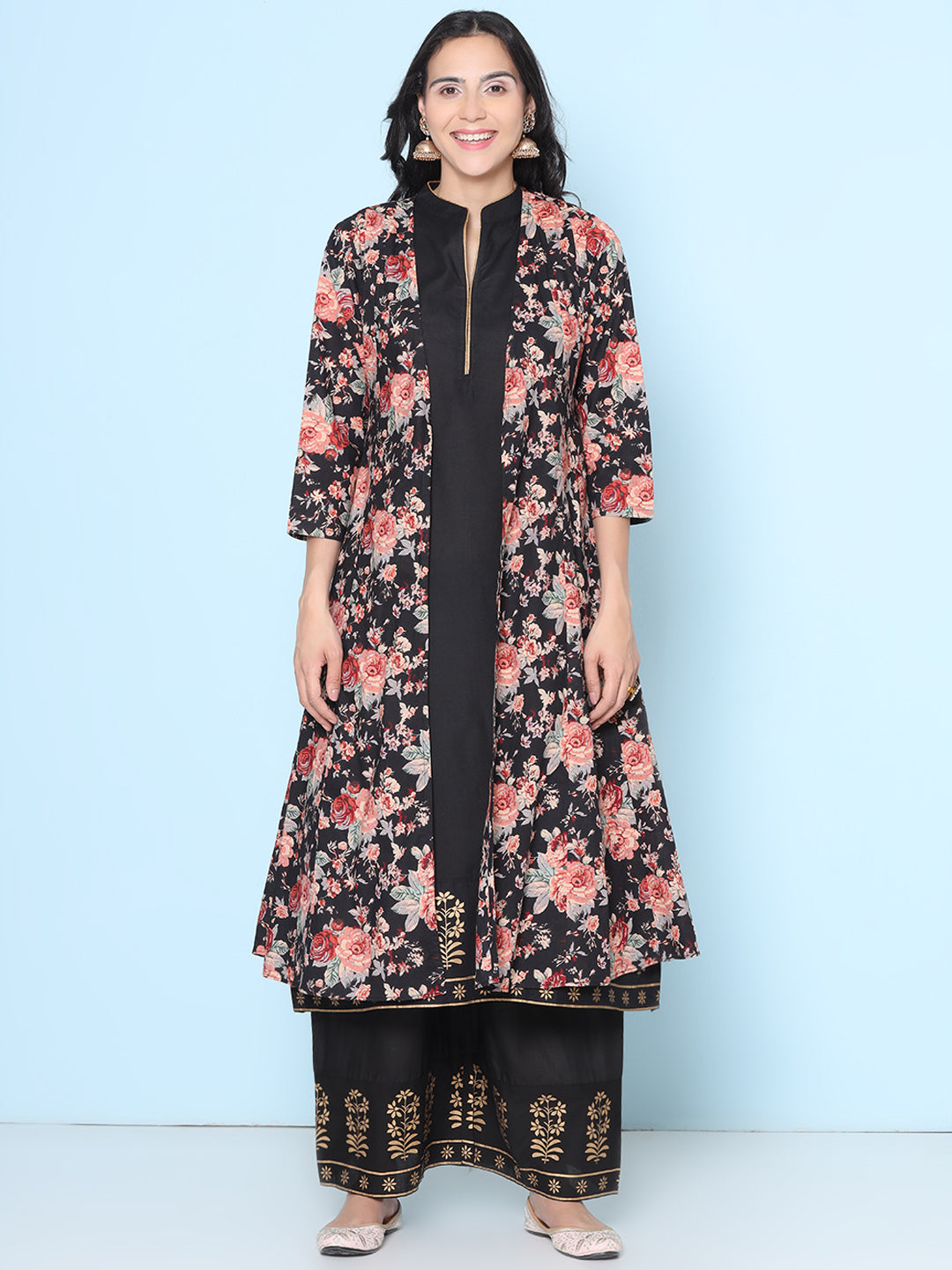 Black Floral Printeded Jacket With Black Kurta With Black Palazzos