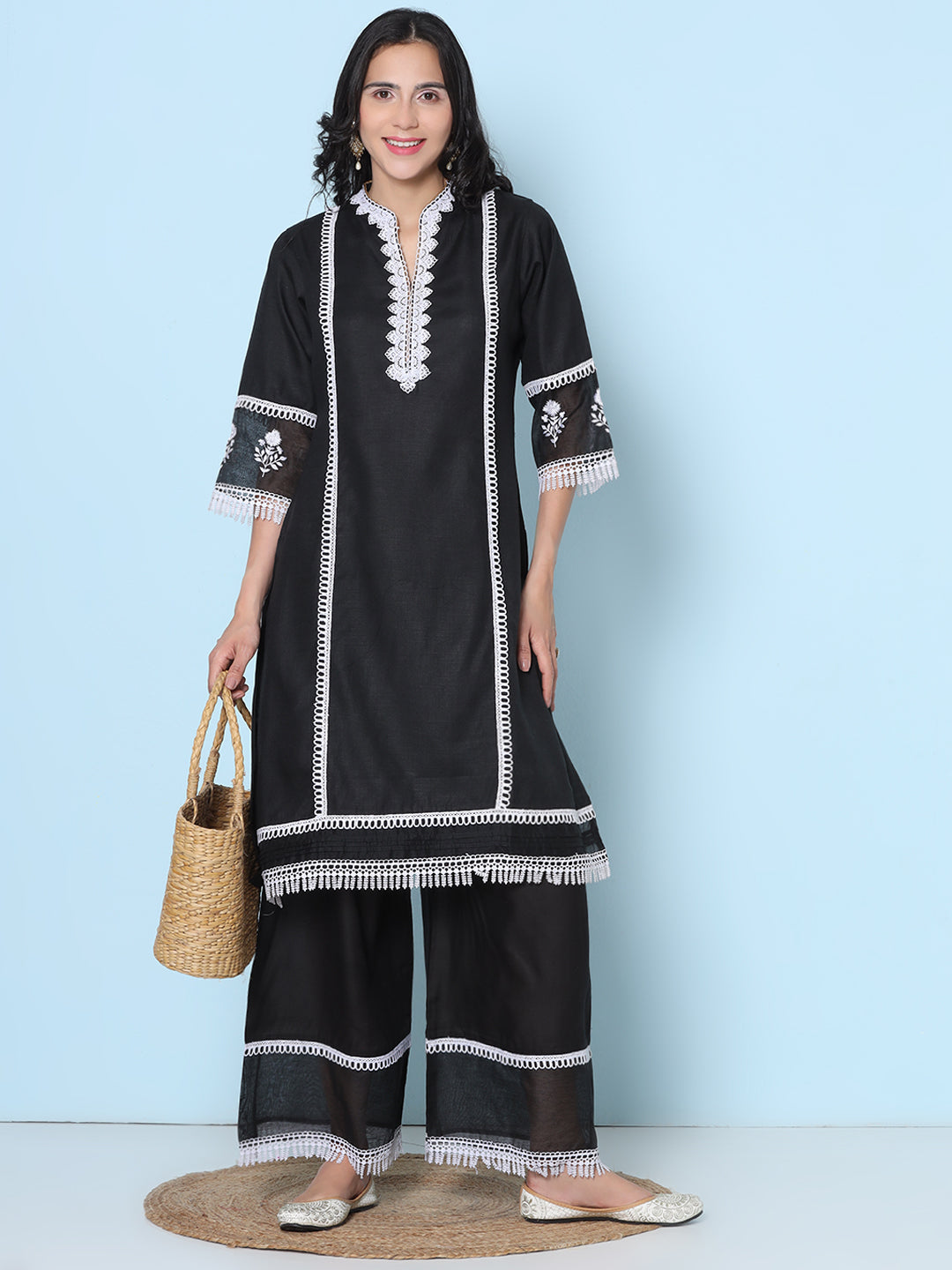 Black Lace Embroidered Kurta With Black Solid Palazzo