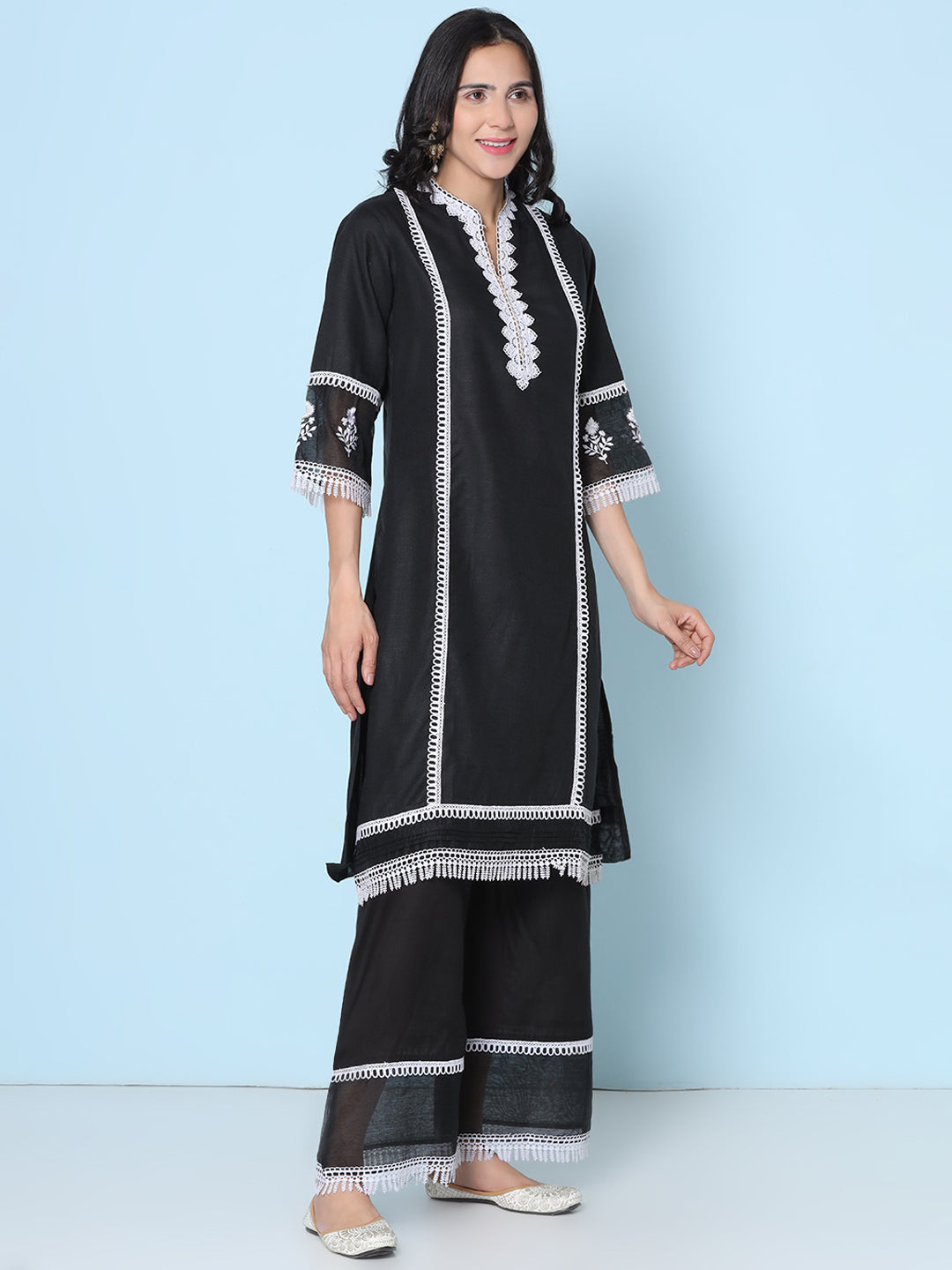 Black Lace Embroidered Kurta With Black Solid Palazzo