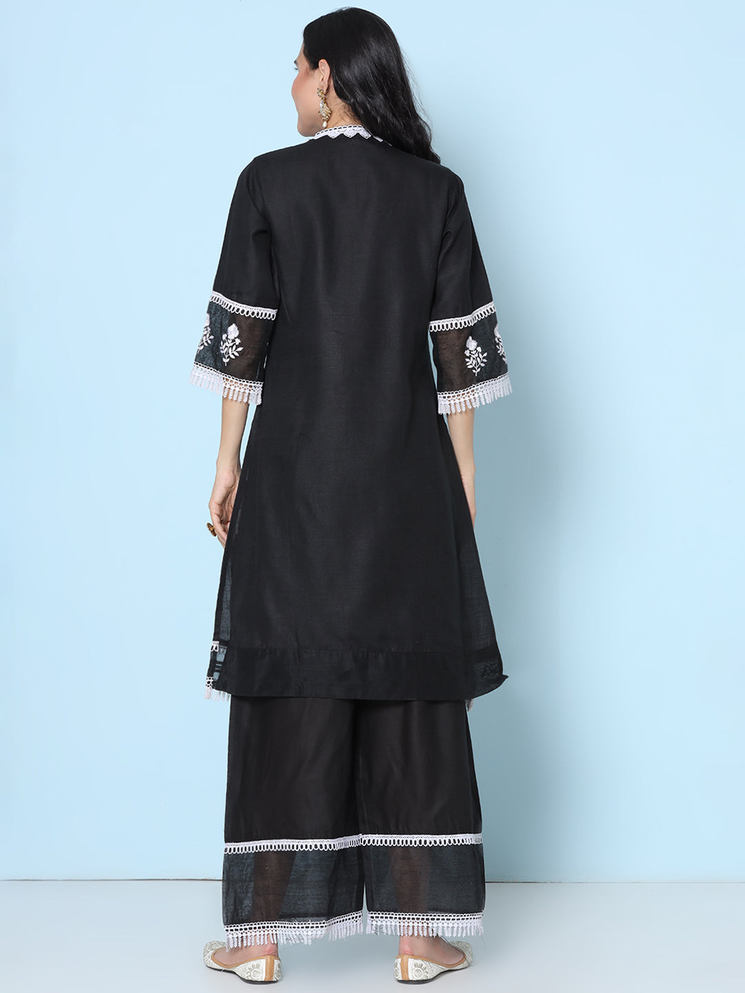 Black Lace Embroidered Kurta With Black Solid Palazzo