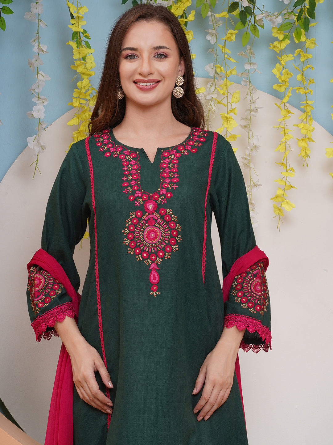 Bhama Couture Green Embroidered A Line Kurta with Palazzos Dupatta set.
