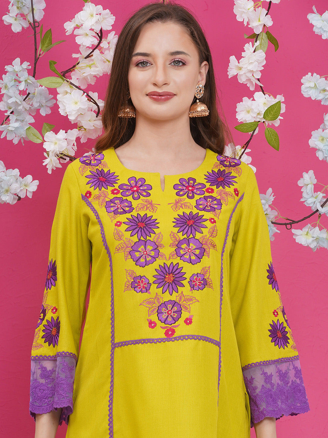 Bhama Couture Lime Green Embroidered A Line Kurta with plazzo set.