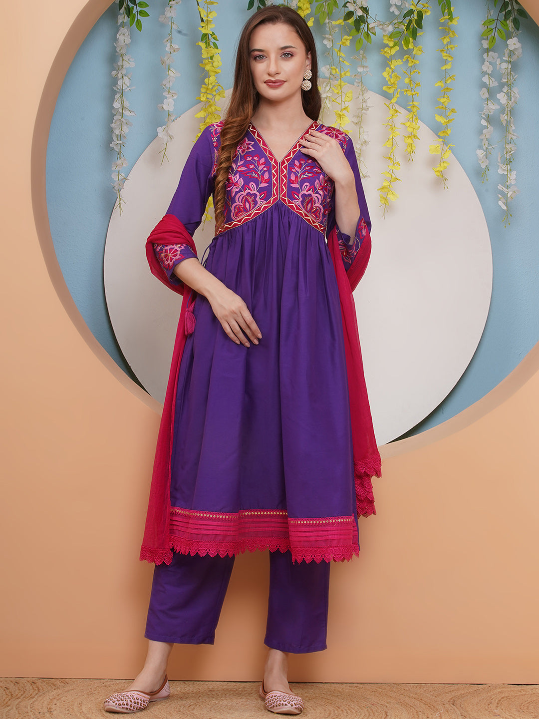Bhama Couture Purple Embroidered Flared Kurta with Palazzos Dupatta Set.