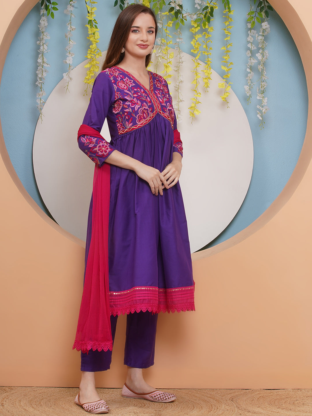 Bhama Couture Purple Embroidered Flared Kurta with Palazzos Dupatta Set.