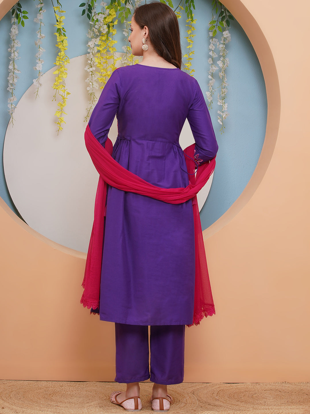 Bhama Couture Purple Embroidered Flared Kurta with Palazzos Dupatta Set.