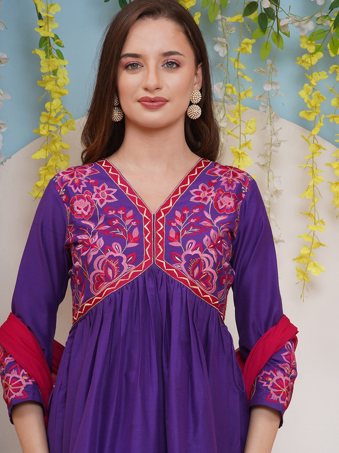 Bhama Couture Purple Embroidered Flared Kurta with Palazzos Dupatta Set.